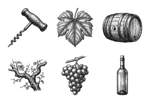 Set of vintage wine production icons featuring grapevine bunch, wooden barrel, glass bottle, corkscrew, and leaf in woodcut engraving style.