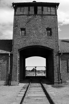 AUSCHWITZ BIRKENAU POLAND 09: Auschwitz Birkenau concentration camp entrance building was a network of German Nazi concentration and extermination camps built and operated by the Third Reich in Poland