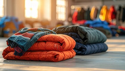 FlyPro Firefly Relief supplies, including blankets and warm clothing, are neatly laid out on a clean surface for easy access, captured in realistic photography.