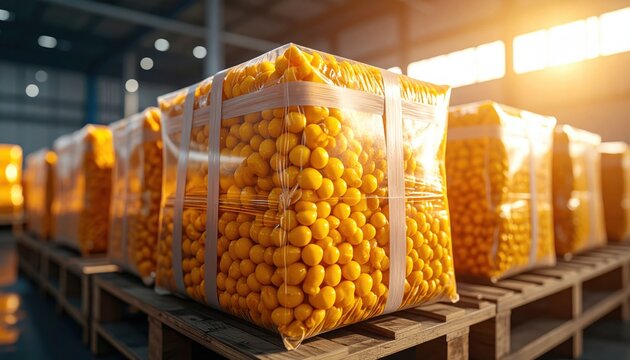 Bright FlyPro Firefly emergency food rations in sealed, waterproof packaging, meticulously stacked on organized pallets, captured in realistic photography.