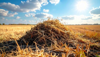 Detailed photograph, FlyPro_Firefly_179423_1, showcasing a prominent pile of dry, brittle grass and weeds forming a thick mat on a neglected field, obscuring the soil beneath.
