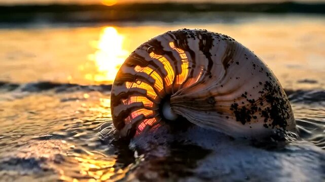 Nautilus Shell on Beach at Sunset - Golden Hour Serenity.