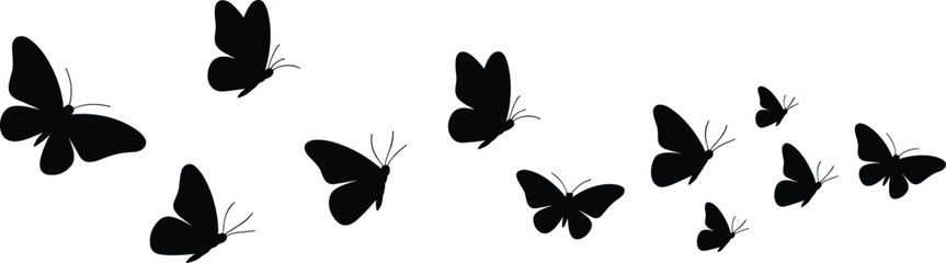 Black butterfly silhouettes flying together, minimalist nature composition isolated on white background, elegant insects movement design vector art concept decoration © MdAbdul