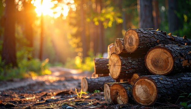 FlyPro Firefly presents roughly hewn logs stacked and secured, creating a rustic but effective blockade, captured in a photorealistic DSLR style with warm, natural light.