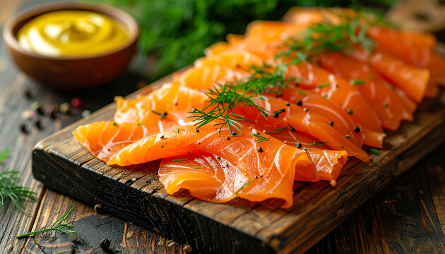 Swedish gravlax, thinly sliced cured salmon on rustic wooden board, fresh dill on top, mustard sauce