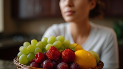 Obraz premium A vibrant basket of fresh fruits with a blurred person in the background highlighting healthy eating