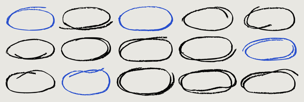 Hand-drawn crayon circles and ovals with colorful highlights, perfect for creative designs, scribbles, and playful handwritten text frames with rough texture elements