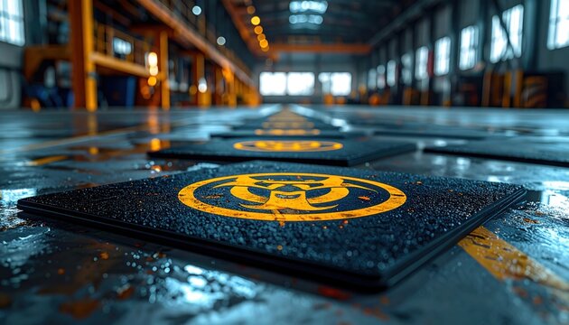 Photorealistic FlyPro Firefly biohazard spill containment mats, crafted from absorbent material with vivid printed warning symbols, meticulously laid out on an industrial floor.