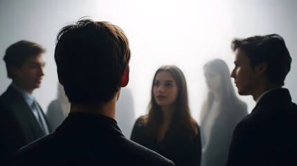 Obraz premium A group of professionals in formal attire engaged in a serious discussion amidst a dramatic misty atmosphere