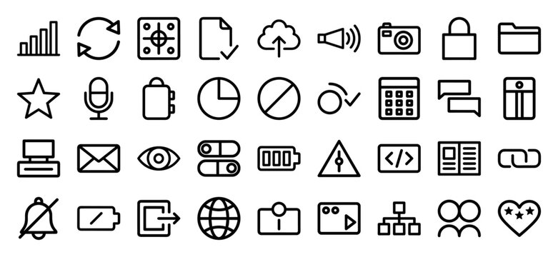 Universal interface line icon set. Vector pictograms of camera, battery, cloud, folder, gear, microphone, globe, and calculator, thick black outline illustration.