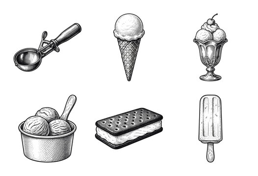 Vintage engraving style ice cream collection featuring sundae, scoop, waffle cone, popsicle, sandwich, and bowl on white.