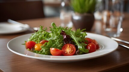 A fresh and vibrant vegetable salad on a plate in a restaurant setting