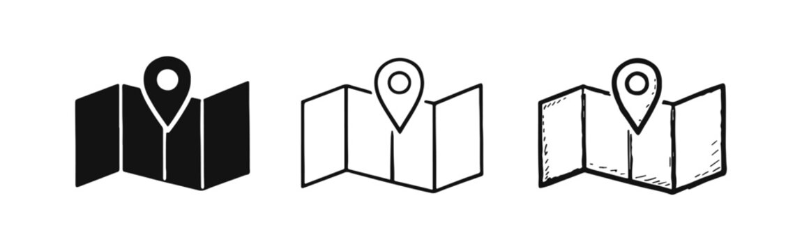 Map with location pin icons in three variations: solid, outline, and hand-drawn sketch, representing GPS and travel points.