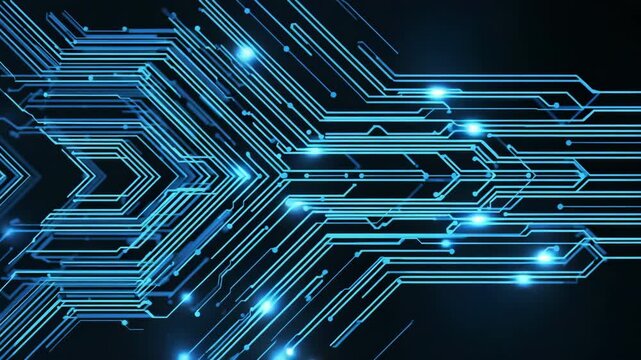 Abstract glowing blue circuit lines forming a dynamic arrow pattern 