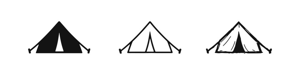 Three camping tent icons: solid, outline, and hand-drawn styles, ideal for outdoor activities, adventure, and nature themes. © drawing lines