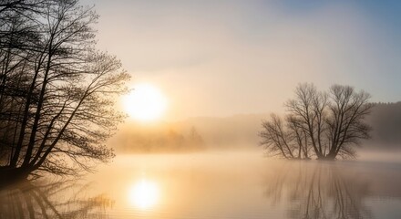 Naklejka premium A serene lake with trees and a sun rising over the horizon.