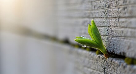 A green leaf with a water droplet on it growing out of a crack in a concrete wall.
