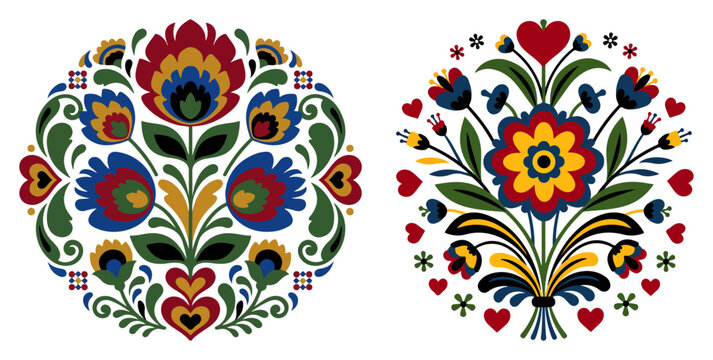 Two decorative folk art floral compositions with hearts and vibrant flowers