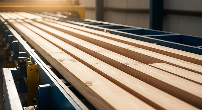 Industrial Sawmill Produces Long Wooden Planks on a Conveyor Belt Under Warm Sunlight