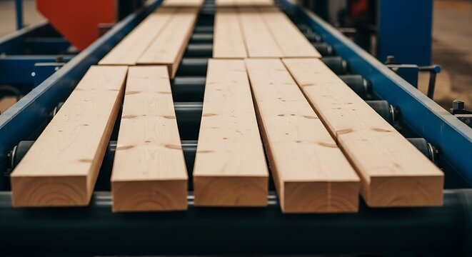 Light Brown Wooden Planks on a Conveyor Belt in a Workshop with Natural Lighting