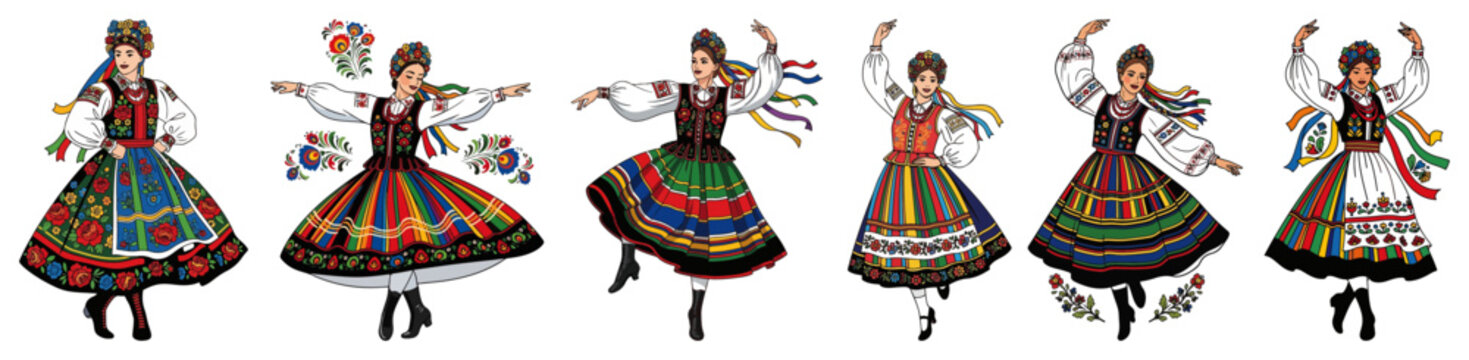 Set of women dancing in different traditional Polish folk costumes with colorful patterns