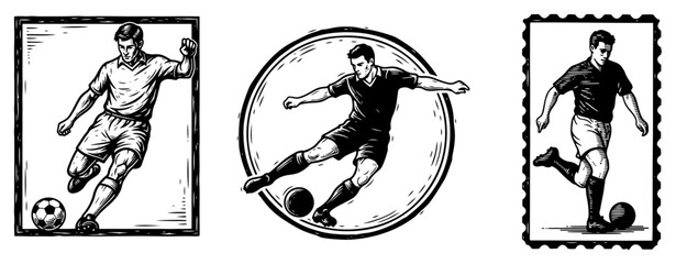 Vintage style hand drawn soccer player illustrations in decorative frames and stamp © Katarzyna