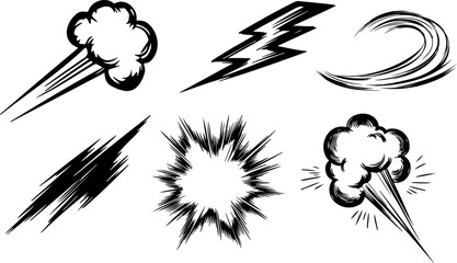 Black comic effects set: clouds bolts swirls, speed smoke. Outline vector illustration. © Iryna