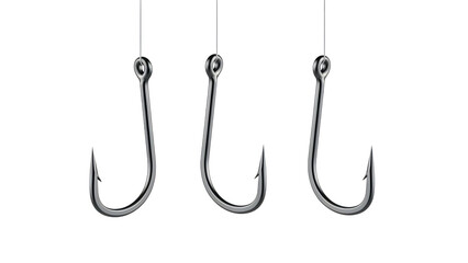 Three metallic fishing hooks suspended in sharp, sleek lines against a neutral backdrop isolated on a transparent background