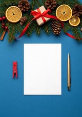 Festive christmas arrangement with gift oranges and writing supplies on blue