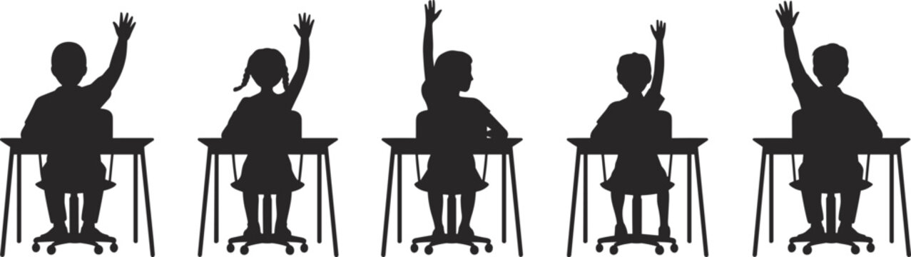 Silhouette of school children raising hands in classroom education concept, isolated on white background vector illustration learning teaching knowledge diversity