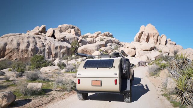 A mature woman drives her SUV with a teardrop camper trailer through Joshua Tree National Park exploring the desert landscape