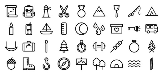 Naklejka premium Camping and outdoor adventure line icon set. Vector pictograms of map, backpack, tent, compass, mountain, flashlight, and fishing rod, thick outline illustration.