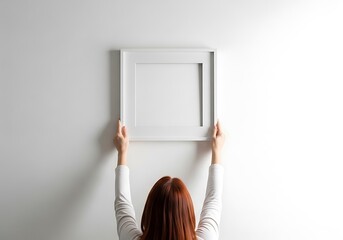 Woman holding a blank square picture frame against a plain white wall