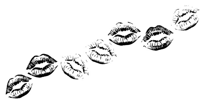 Set of black textured lip imprints and kiss marks arranged diagonally on white background
