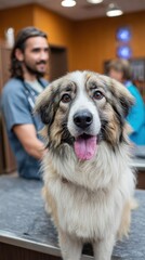 Happy fluffy dog at vet clinic with young male veterinarian