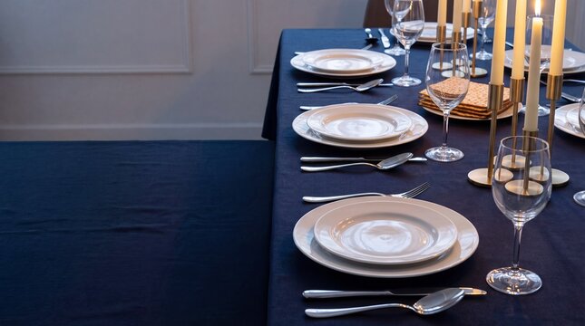 Elegant Passover Seder table setting with matzah and candles. Jewish holiday dinner arrangement on blue tablecloth