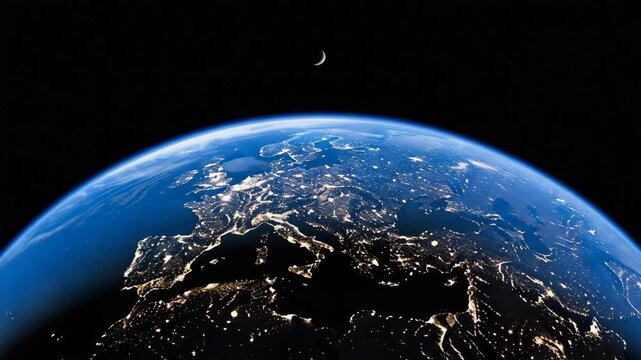 A stunning view of earth from space showcasing the illuminated european continent.