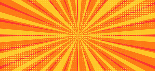 Fototapeta premium Orange comic book style background with a radial sunburst pattern and halftone dots texture