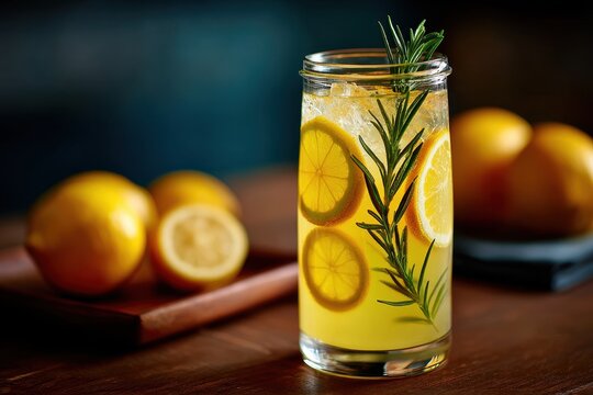 Glass Bottle Herbal Detox Drink Aesthetic concept. Refreshing Lemonade with Fresh Lemon Slices and Rosemary Garnish in a Glass Jar