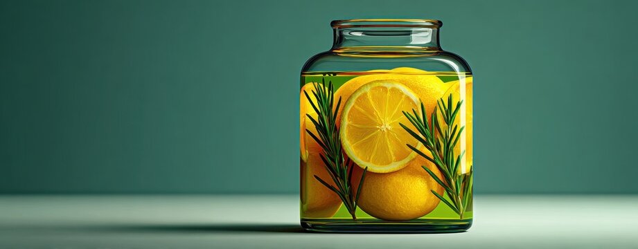 Glass Bottle Herbal Detox Drink Aesthetic concept. Fresh Lemons and Rosemary Infused in a Glass Jar for Culinary and Decorative Purposes