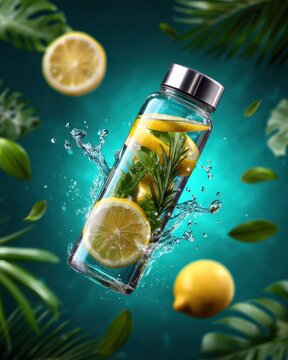 Glass Bottle Herbal Detox Drink Aesthetic concept. Refreshing Infused Water with Lemon, Mint, and Splashing Water Surrounded by Tropical Leaves
