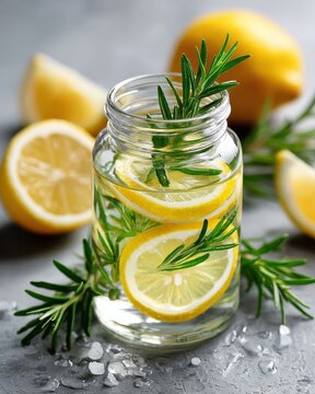 Glass Bottle Herbal Detox Drink Aesthetic concept. Refreshing Lemon and Rosemary Drink in Glass Jar with Ice and Fresh Lemons on Gray Surface