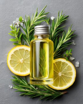 Glass Bottle Herbal Detox Drink Aesthetic concept. Fresh Aromatic Herbal Oil with Lemon Slices and Green Herbs on Grey Textured Surface