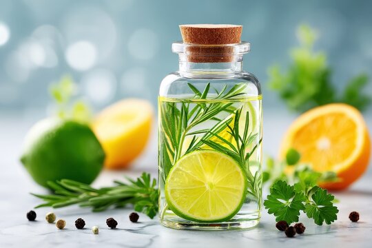 Glass Bottle Herbal Detox Drink Aesthetic concept. Fresh Herb Infused Oil with Citrus Slices and Greenery on Marble Surface for Cooking and Seasoning