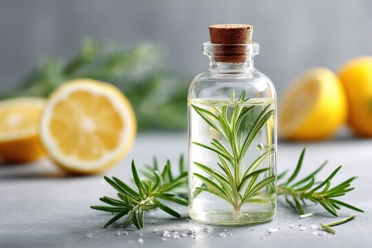 Glass Bottle Herbal Detox Drink Aesthetic concept. Fresh Rosemary Infused Oil in Glass Bottle with Lemon Slices and Green Herbs on Grey Background