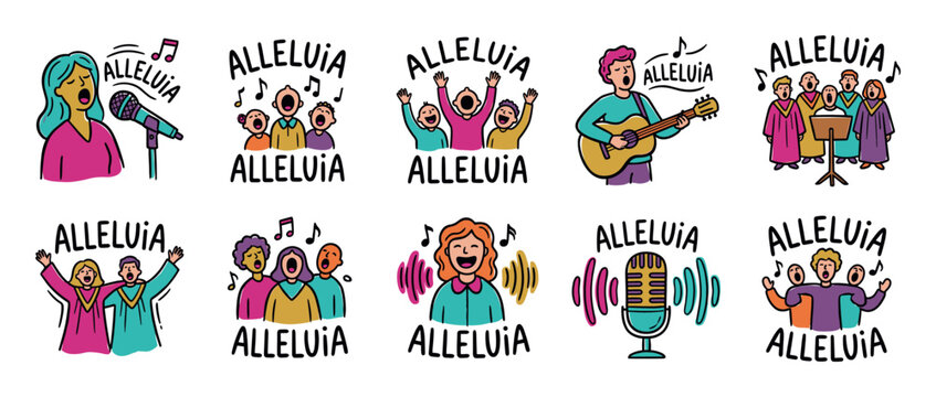Set of colorful doodle illustrations showing people singing Alleluia in a choir, playing guitar, and praising with joy for a religious celebration or spiritual worship service
