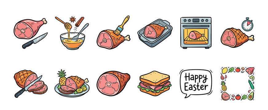 Ham cooking process icons in a cartoon doodle style show glazing, roasting, and slicing for a festive Easter holiday dinner meal with a sandwich and decorative food frame