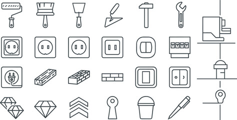 Fototapeta premium Construction tools electrical outlets and building materials outline icon set vector collection isolated on white background