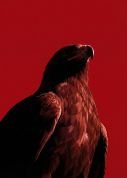 Dark Silhouette Portrait of an Eagle on a Minimalist Red Background