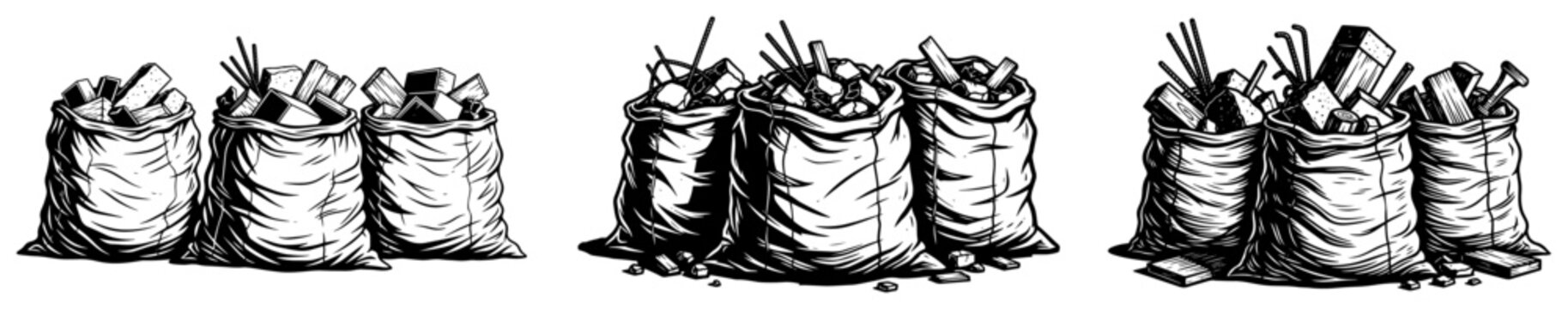 Detailed sketches of heavy construction sacks filled with debris and rubble for building site scenes